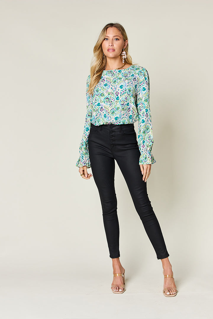 Double Take Full Size Printed Flounce Sleeve Blouse - Charming Charlie