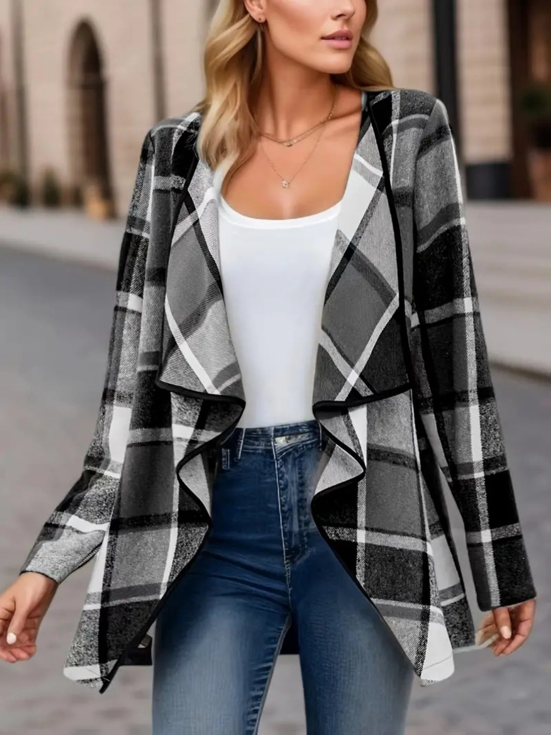 Plaid Open Front Long Sleeve Jacket - Charming Charlie