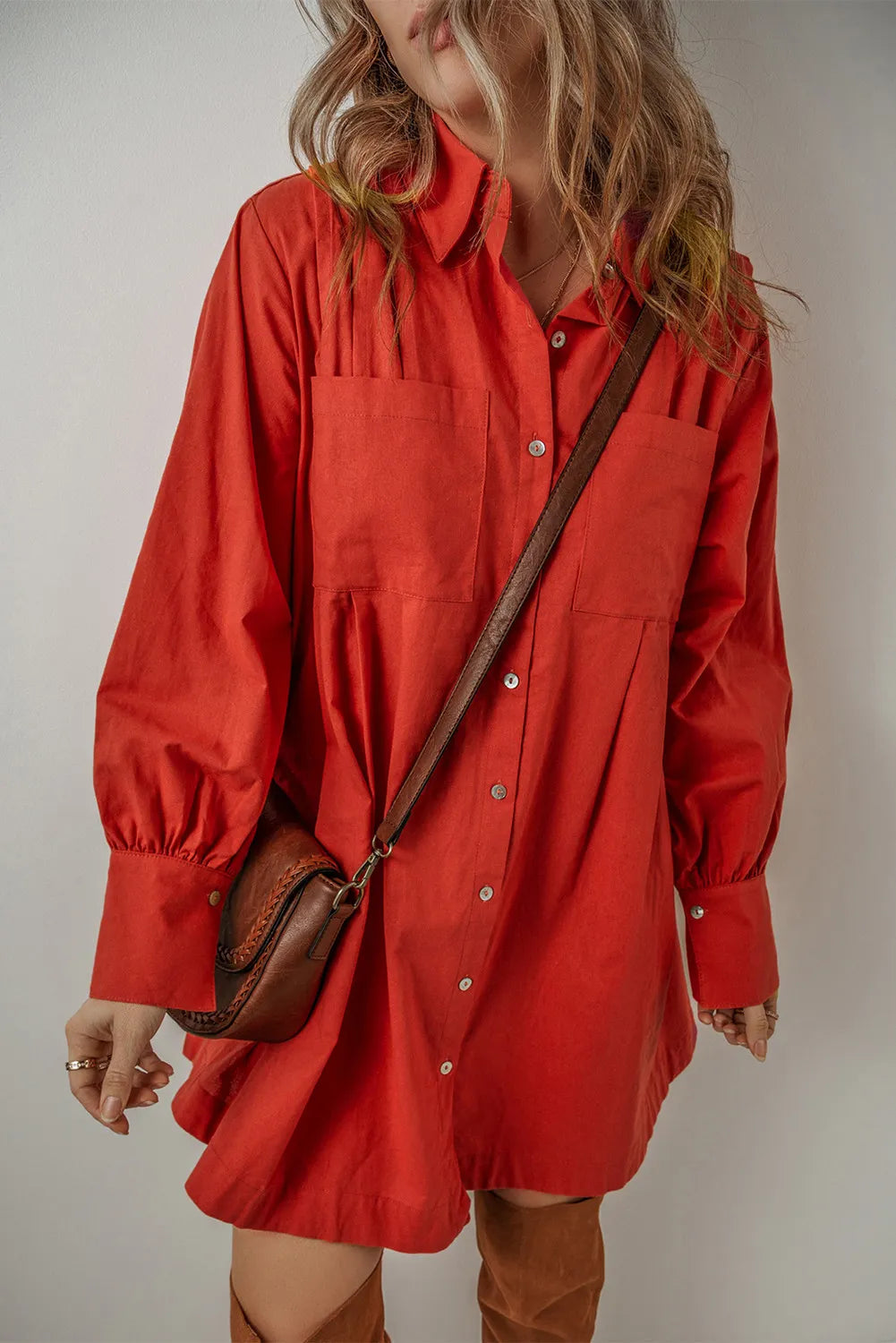 Pocketed Button Down Long Sleeve Shirt Dress - Charming Charlie