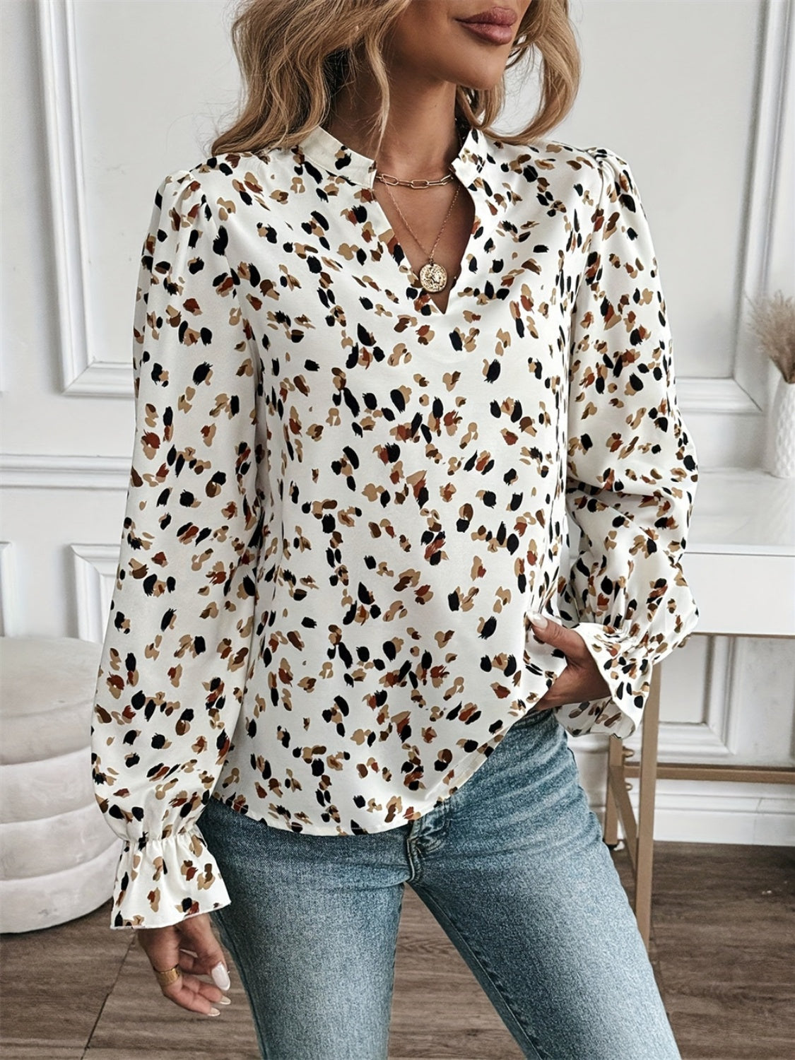 Printed Notched Flounce Sleeve Blouse - Charming Charlie