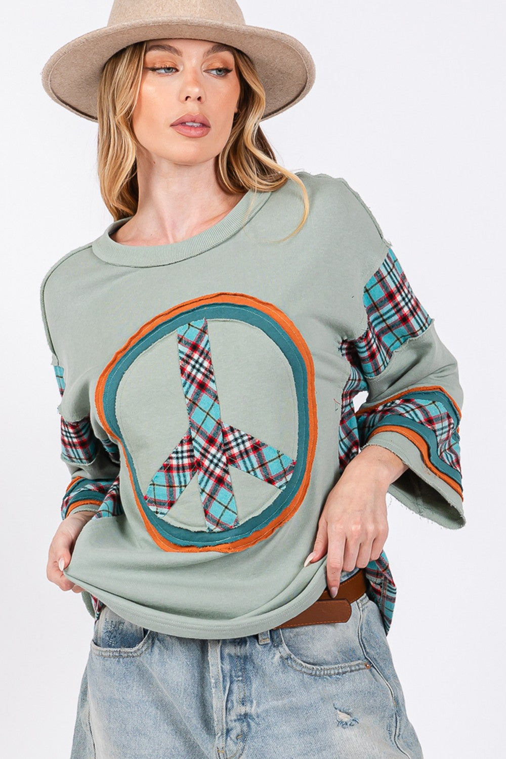 SAGE + FIG Peace Applique Patch Contrast Plaid Top - Charming Charlie