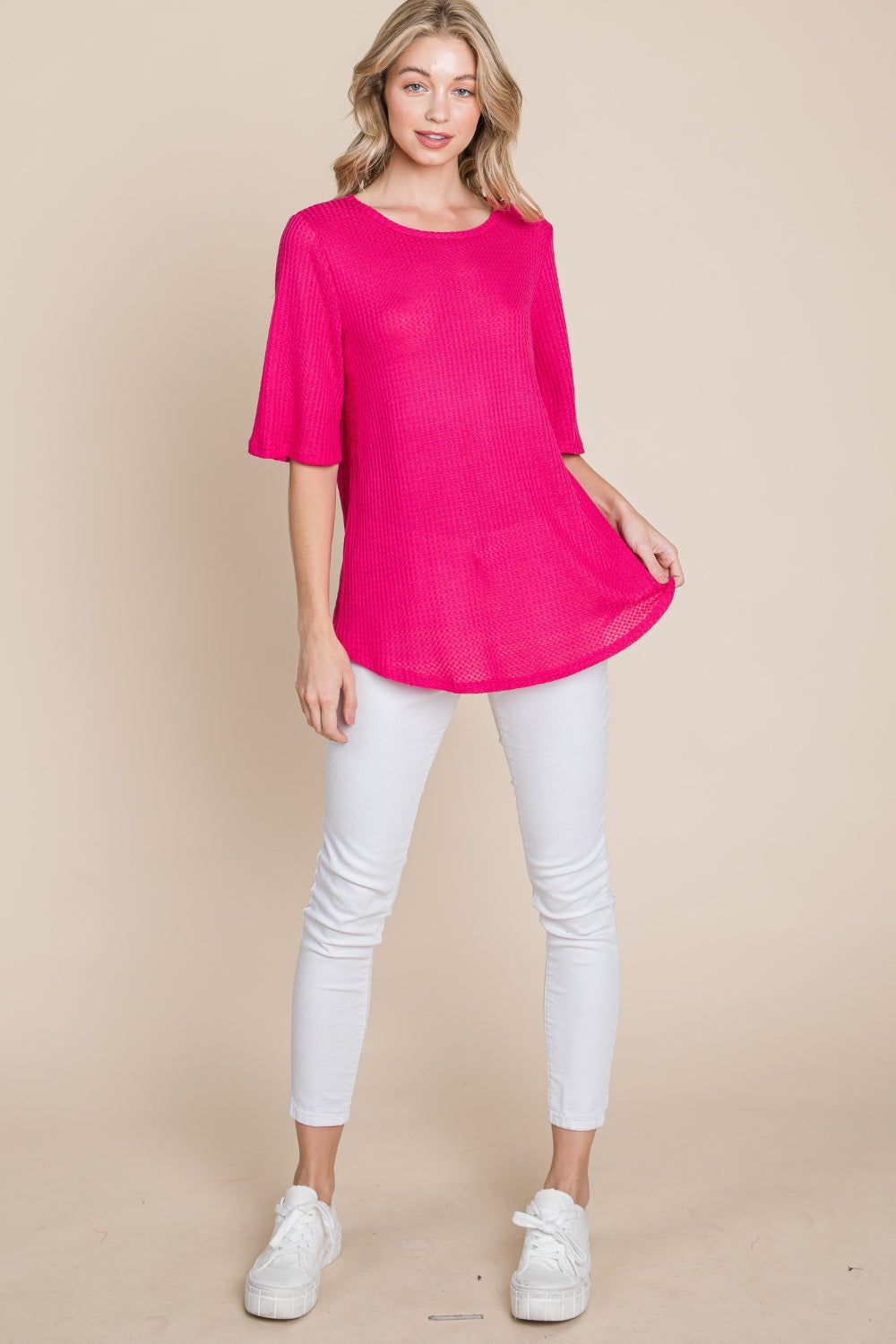 BOMBOM Round Neck Waffle Knit T-Shirt - Charming Charlie