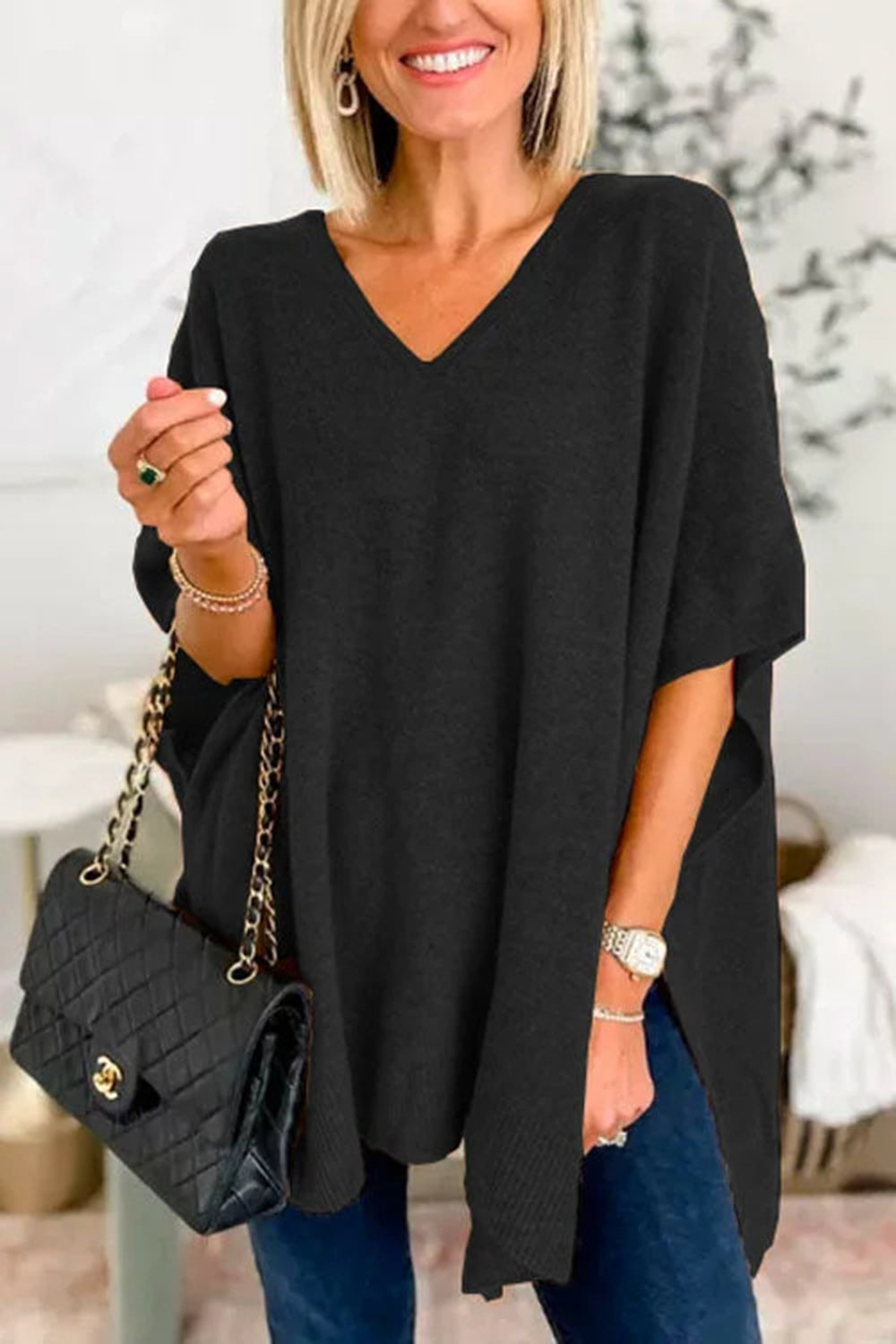 Slit V-Neck Half Sleeve Knit Top - Charming Charlie