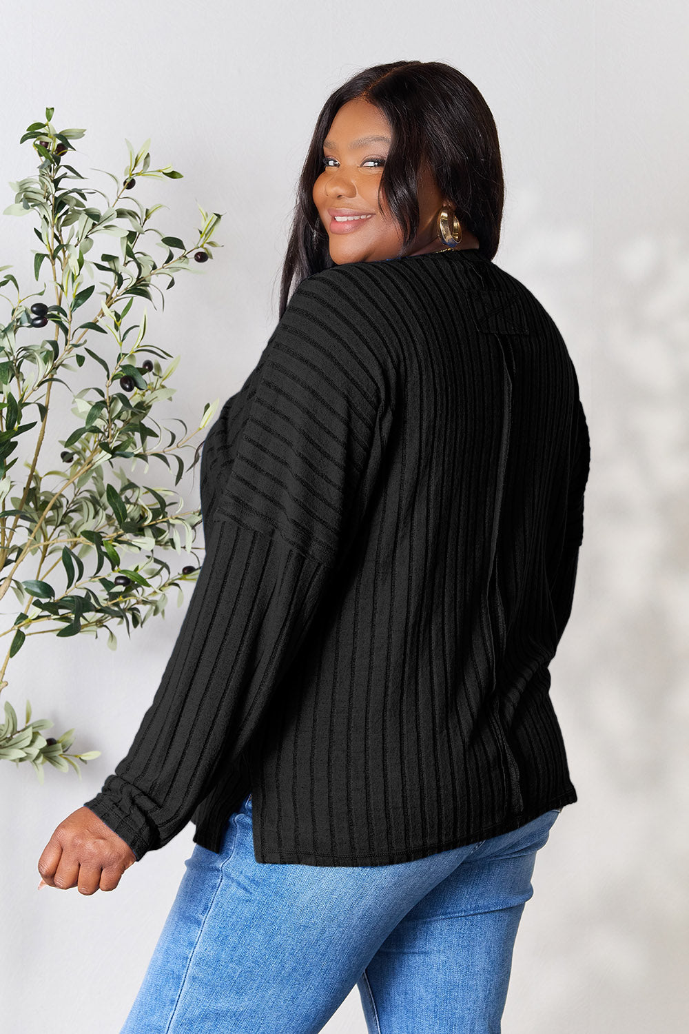 Basic Bae Full Size Ribbed Round Neck Slit Knit Top - Charming Charlie