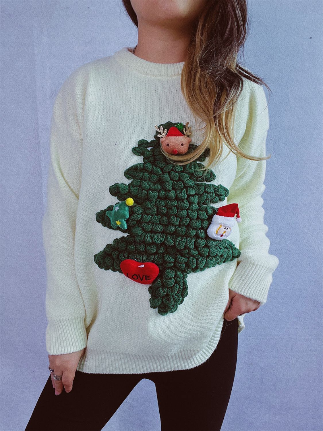Christmas Tree Round Neck Long Sleeve Sweater - Charming Charlie