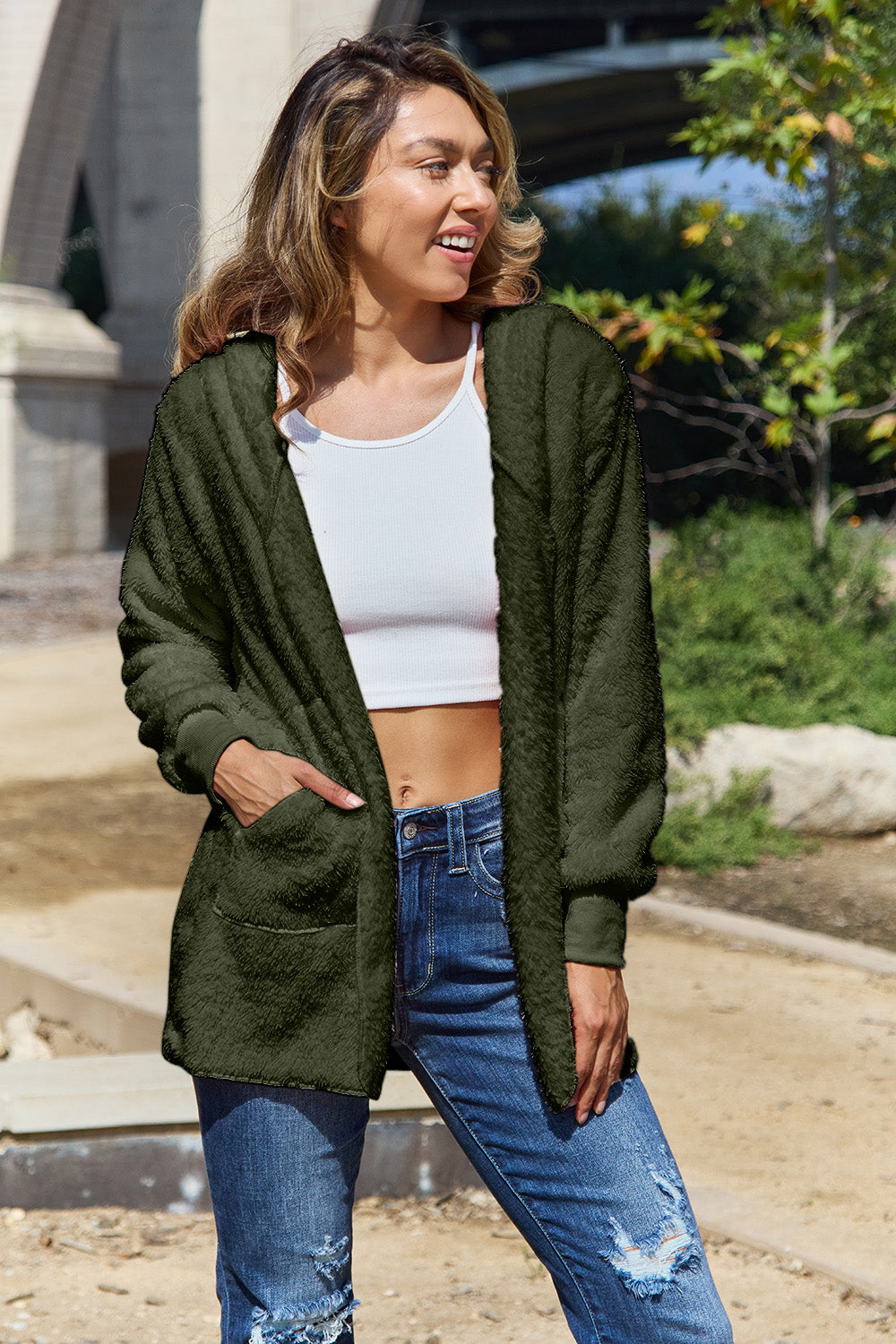 Full Size Teddy Hooded Jacket with Pockets - Charming Charlie