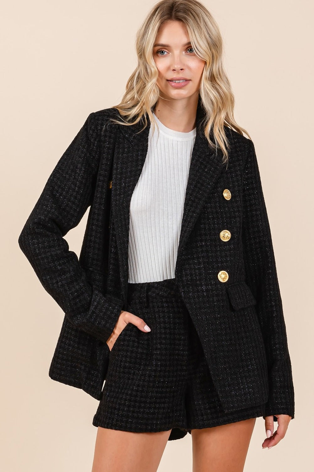 Mittoshop Plaid Texture Double-Breasted Long Sleeve Blazer - Charming Charlie