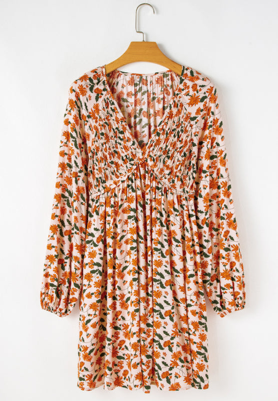 Smocked Printed V-Neck Long Sleeve Dress - Charming Charlie