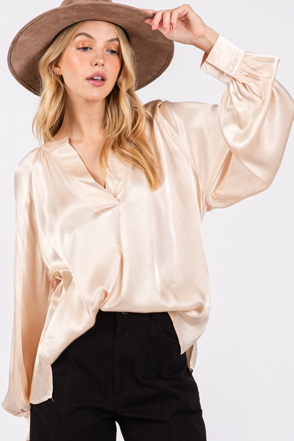 SAGE + FIG Notched Long Sleeve Blouse - Charming Charlie