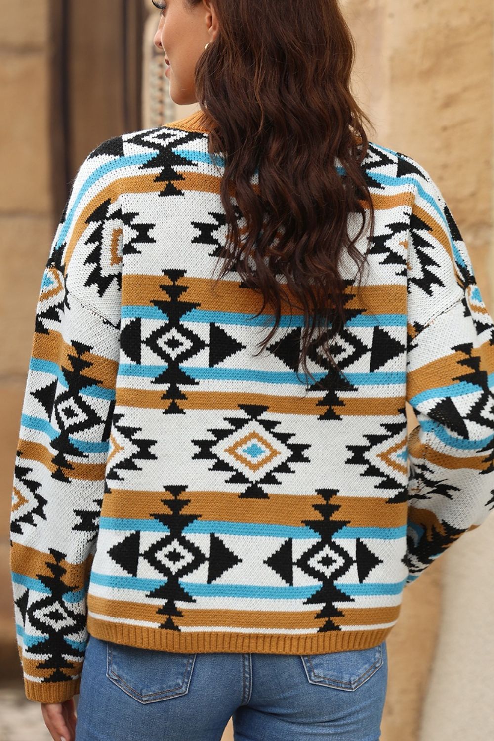 Geometric Round Neck Long Sleeve Sweater - Charming Charlie