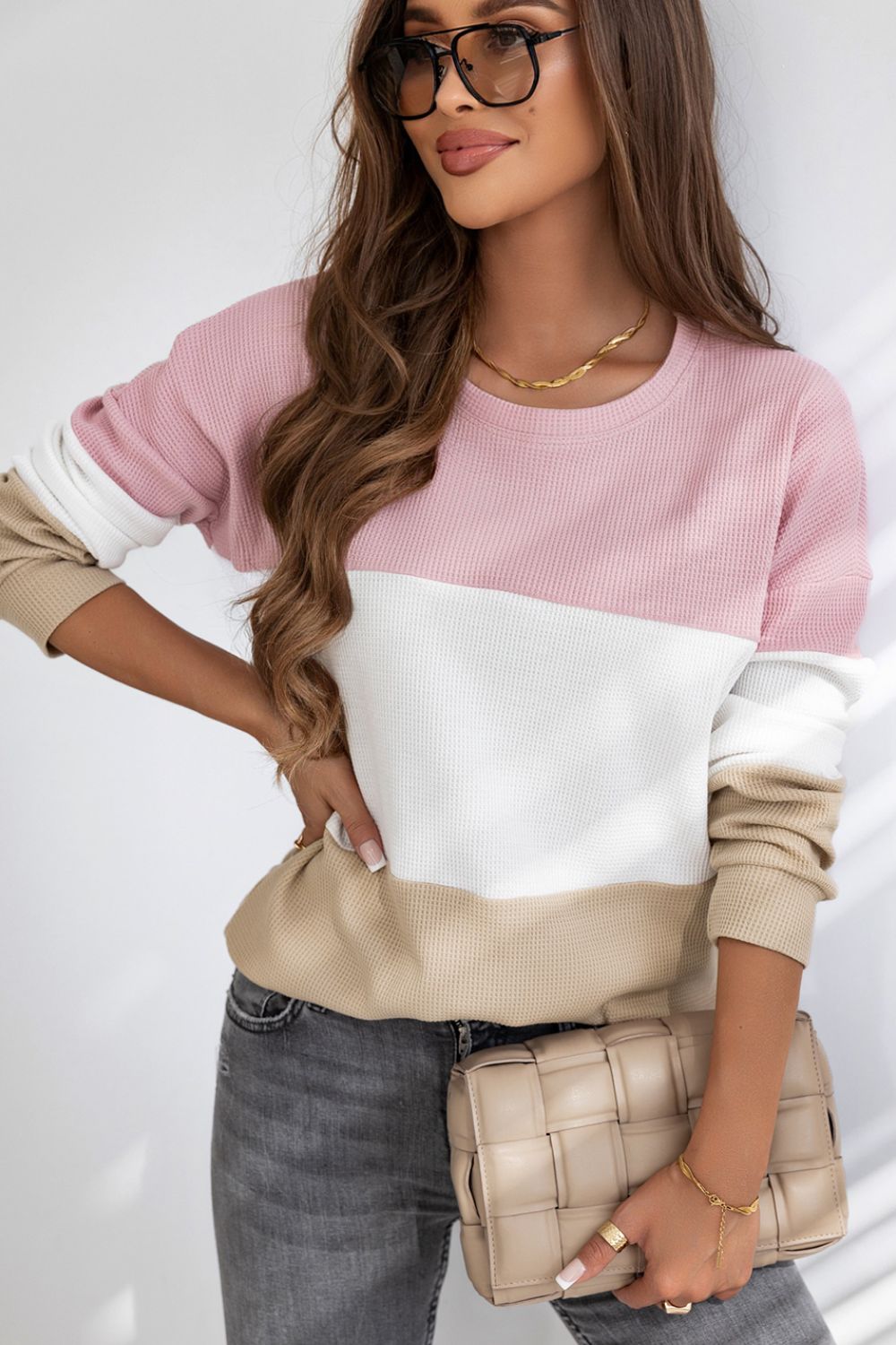 Color Block Waffle Knit Long Sleeve Top - Charming Charlie