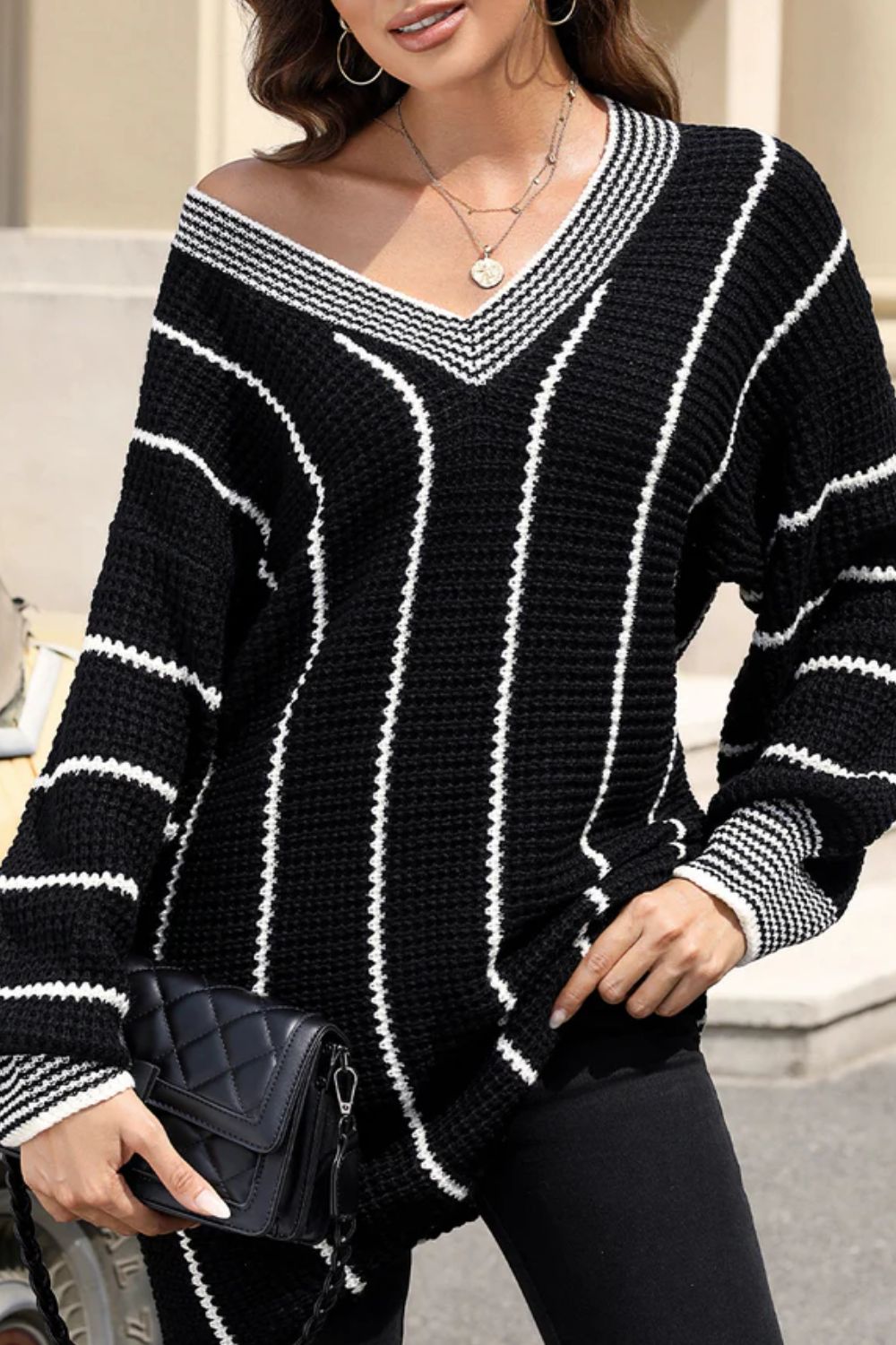 Striped V-Neck Long Sleeve Sweater - Charming Charlie