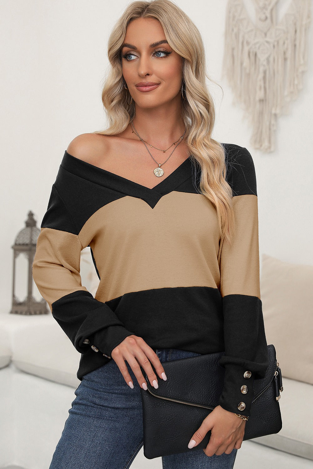 Color Block V-Neck Long Sleeve Top - Charming Charlie