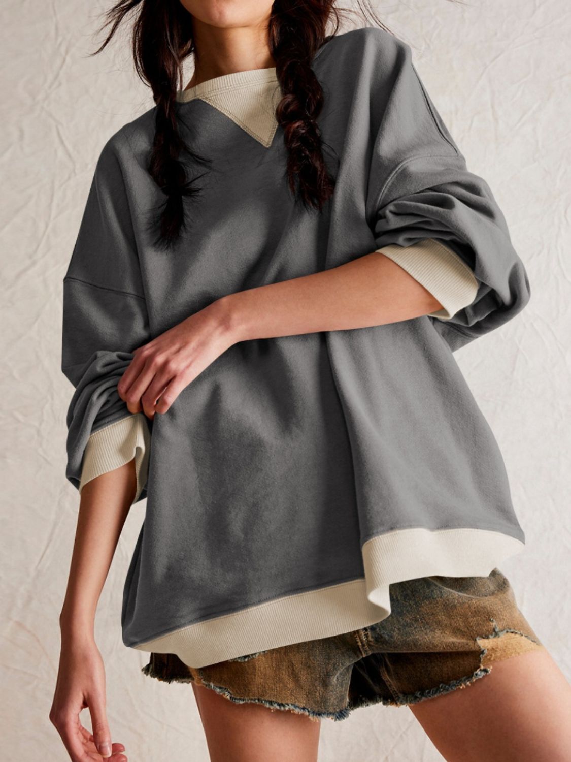 Contrast Dropped Shoulder Long Sleeve Sweatshirt - Charming Charlie