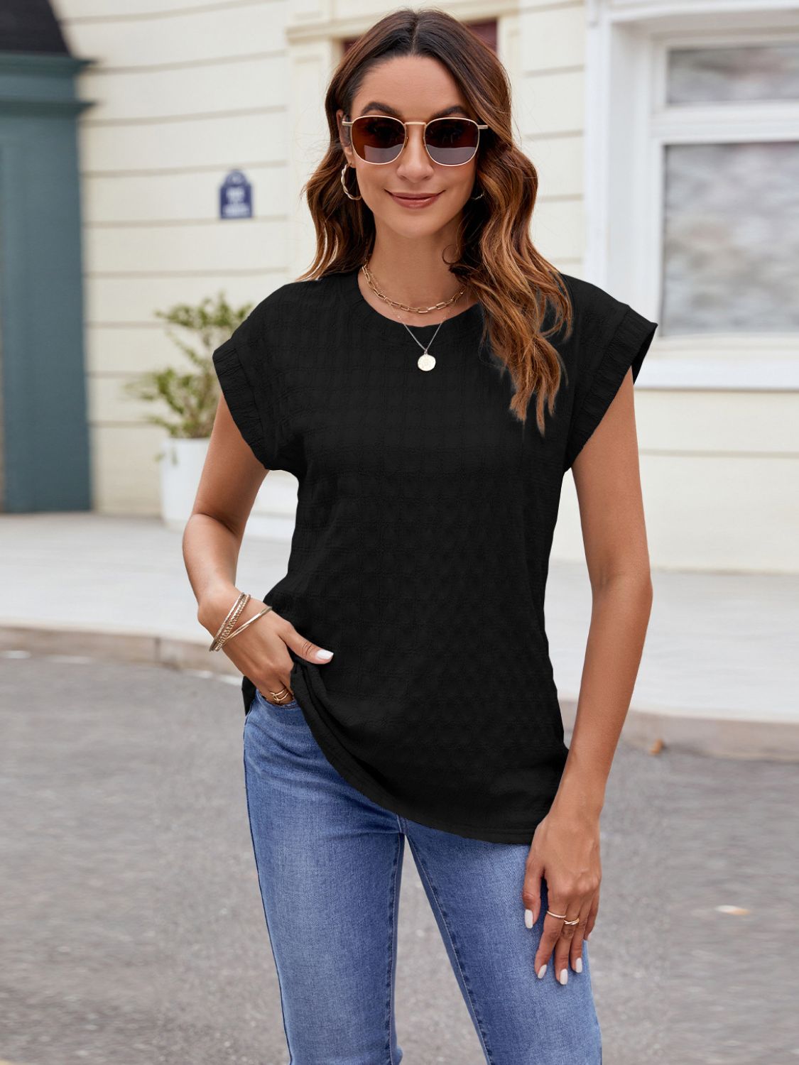 Textured Round Neck Cap Sleeve T-Shirt - Charming Charlie