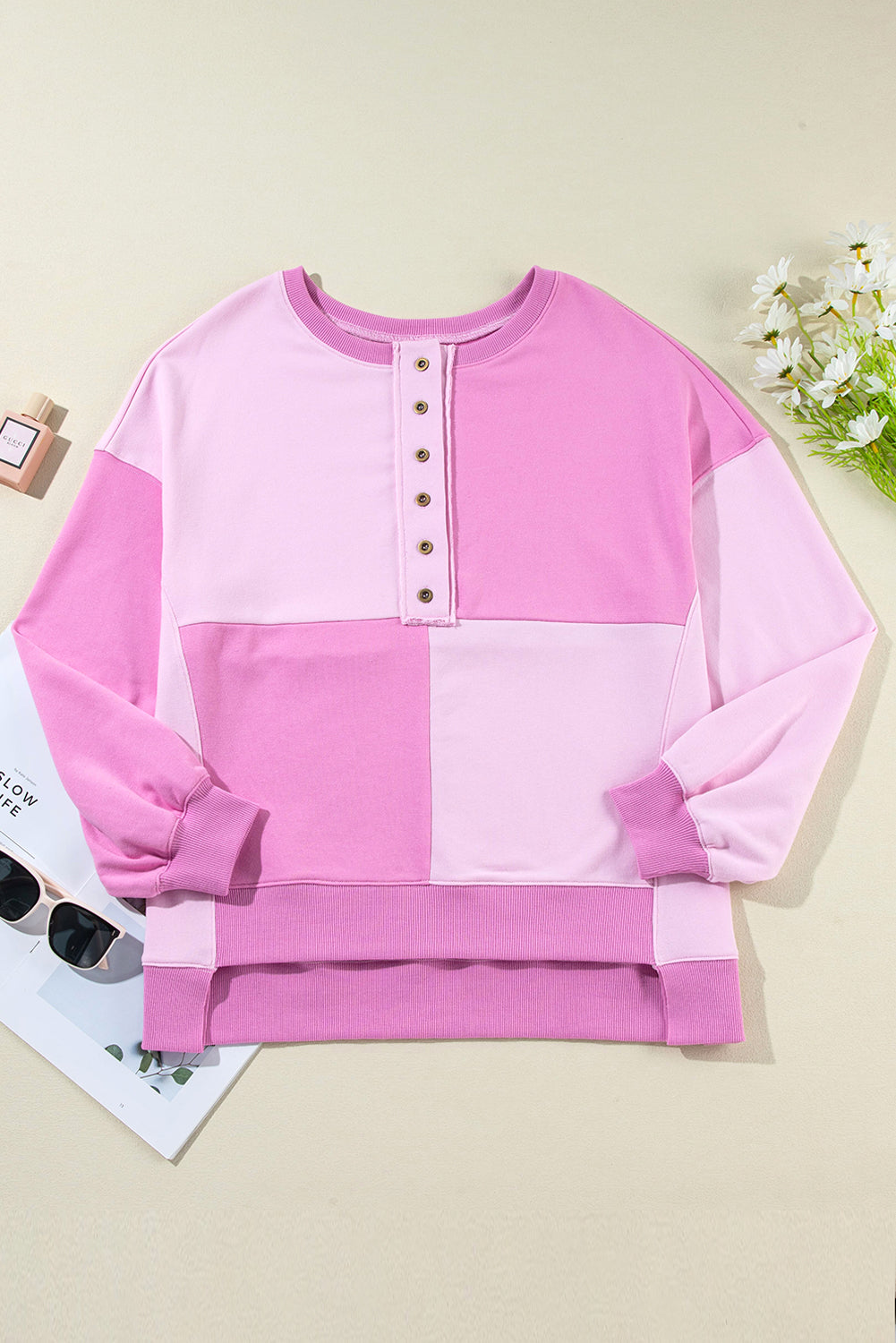 Color Block Half Button Long Sleeve Sweatshirt - Charming Charlie