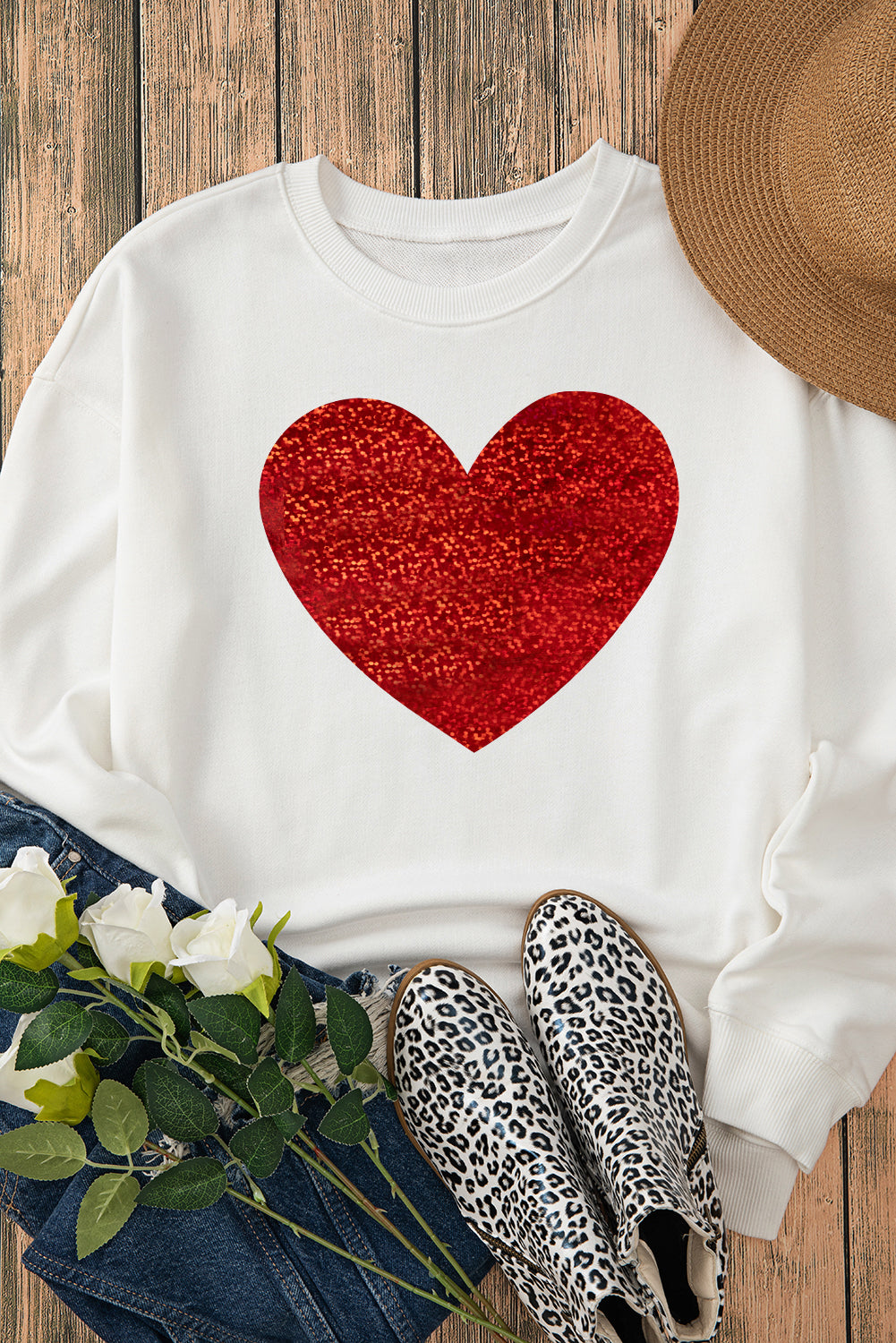 Valentine’s Day Heart Round Neck Long Sleeve Sweatshirt - Charming Charlie