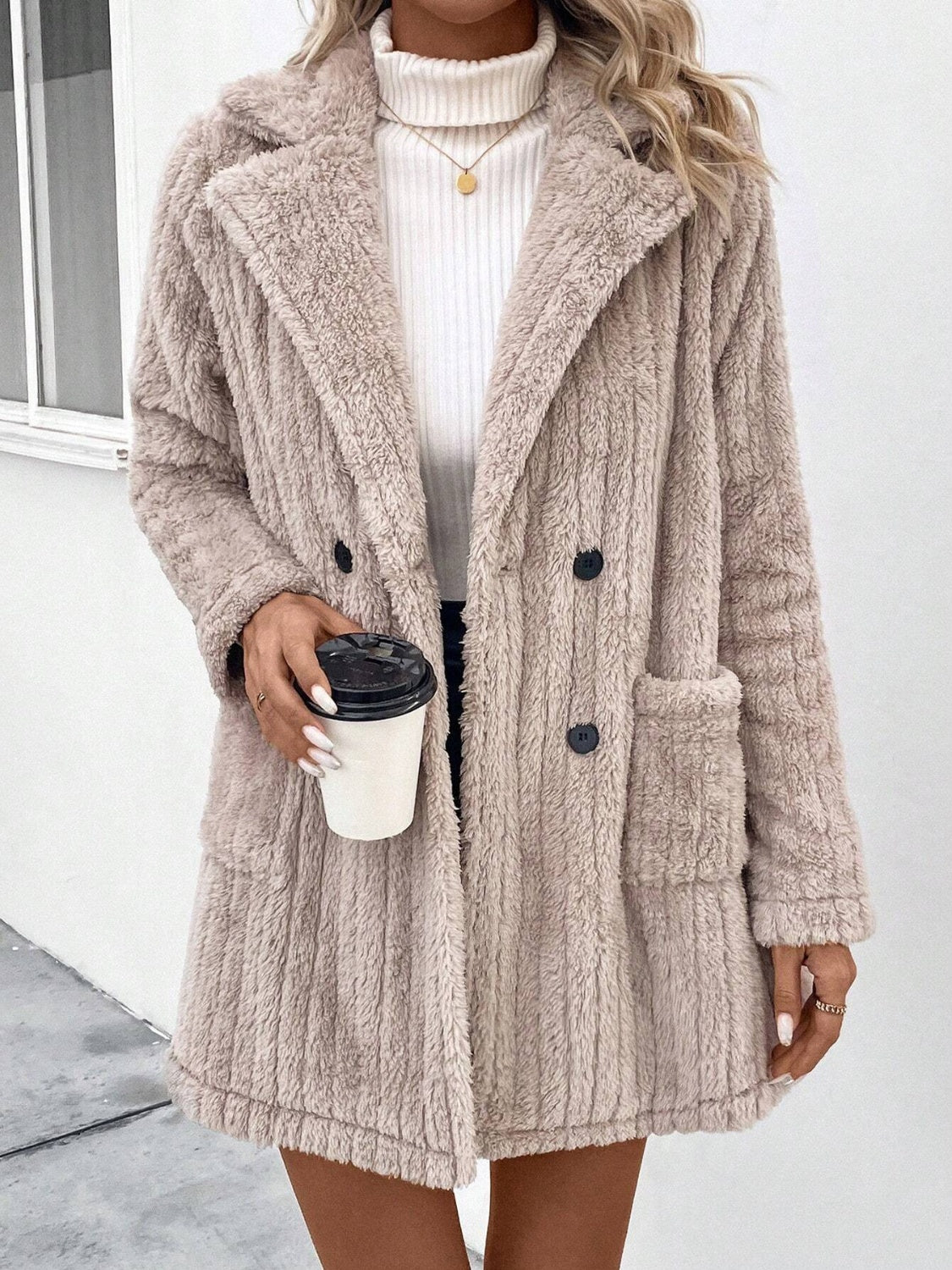 Fuzzy Button Up Long Sleeve Coat with Pockets - Charming Charlie
