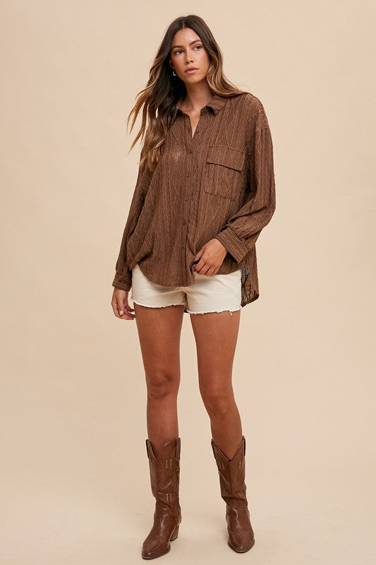 Annie Wear Openwork Button Down Drop Shoulder Shirt - Charming Charlie