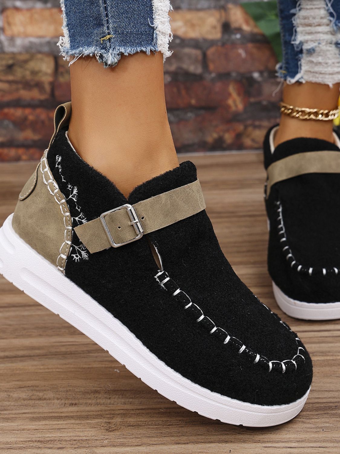 Contrast Round Toe Buckle Sneakers - Charming Charlie
