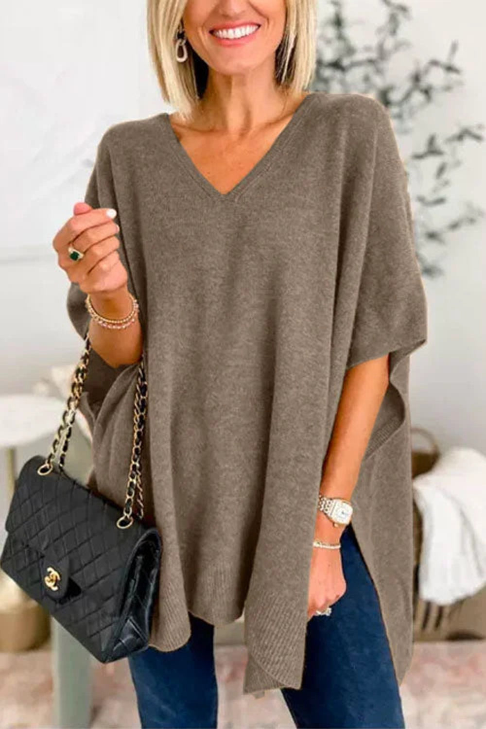 Slit V-Neck Half Sleeve Knit Top - Charming Charlie