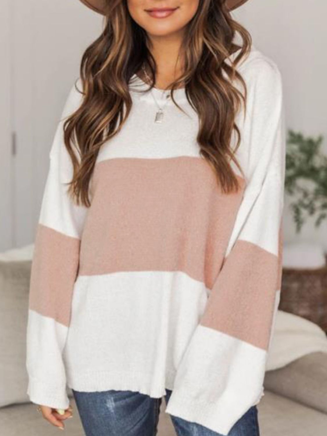 Color Block Round Neck Long Sleeve Sweater - Charming Charlie
