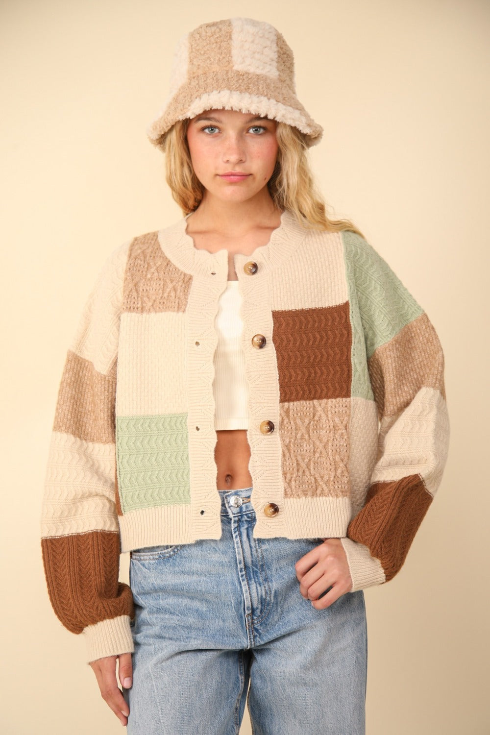 VERY J Color Block Button Down Textured Sweater Cardigan - Charming Charlie