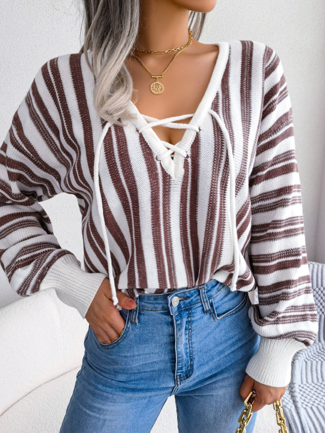 Striped Lace-Up Long Sleeve Sweater - Charming Charlie