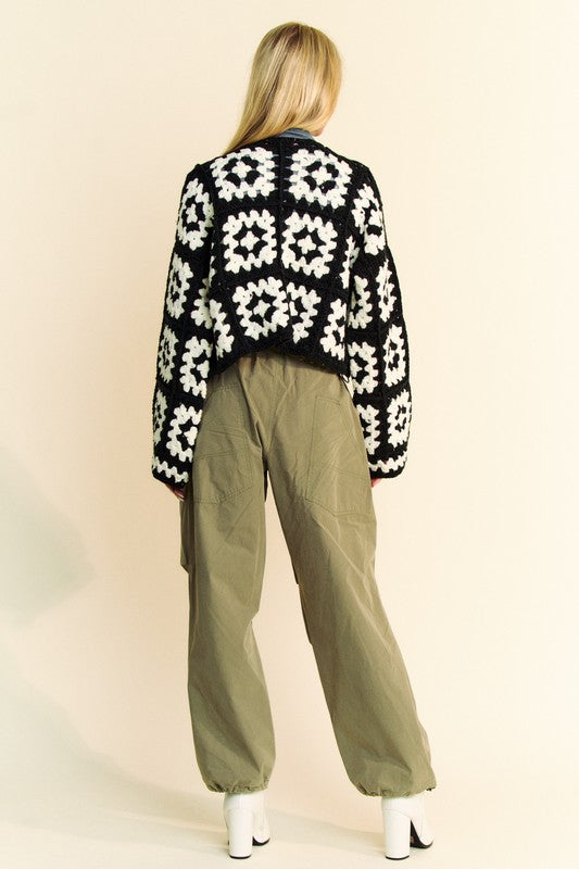 Davi & Dani Full Size Two Tone Flower Square Crochet Open Front Cardigan - Charming Charlie