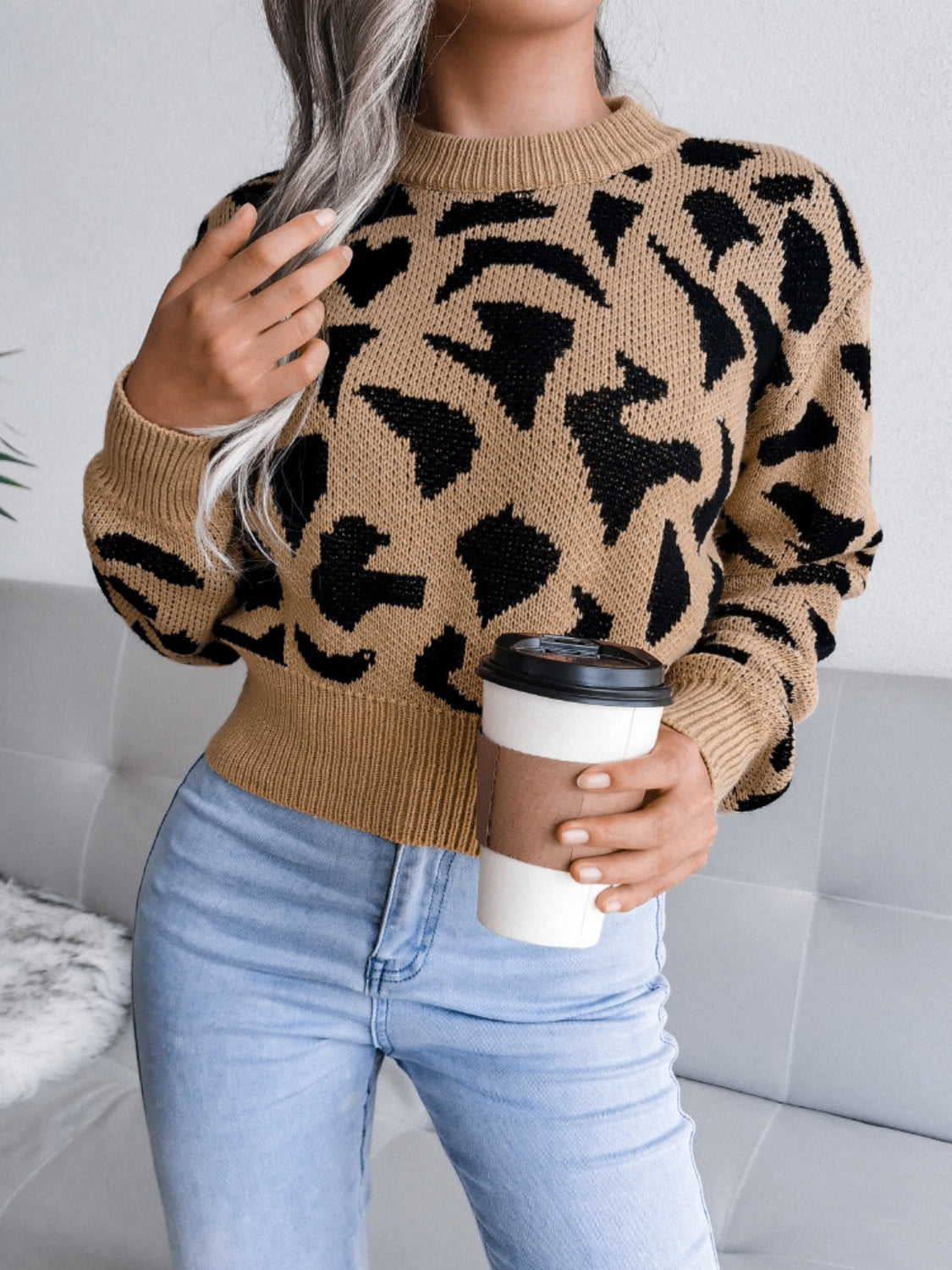 Leopard Round Neck Dropped Shoulder Sweater - Charming Charlie