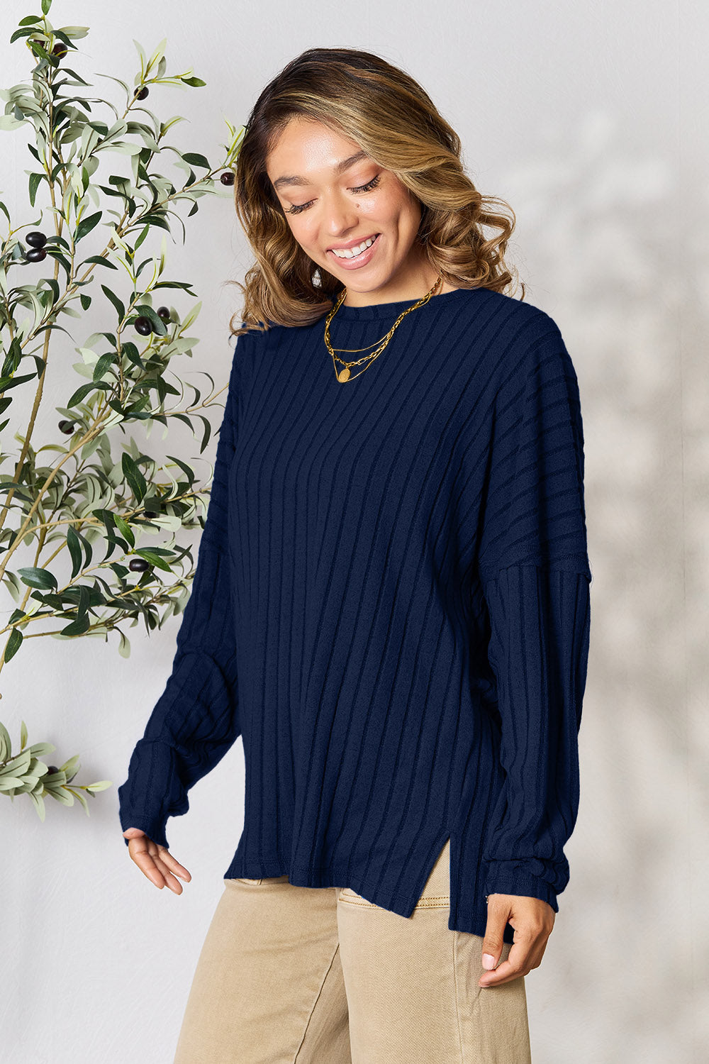 Basic Bae Full Size Ribbed Round Neck Slit Knit Top - Charming Charlie