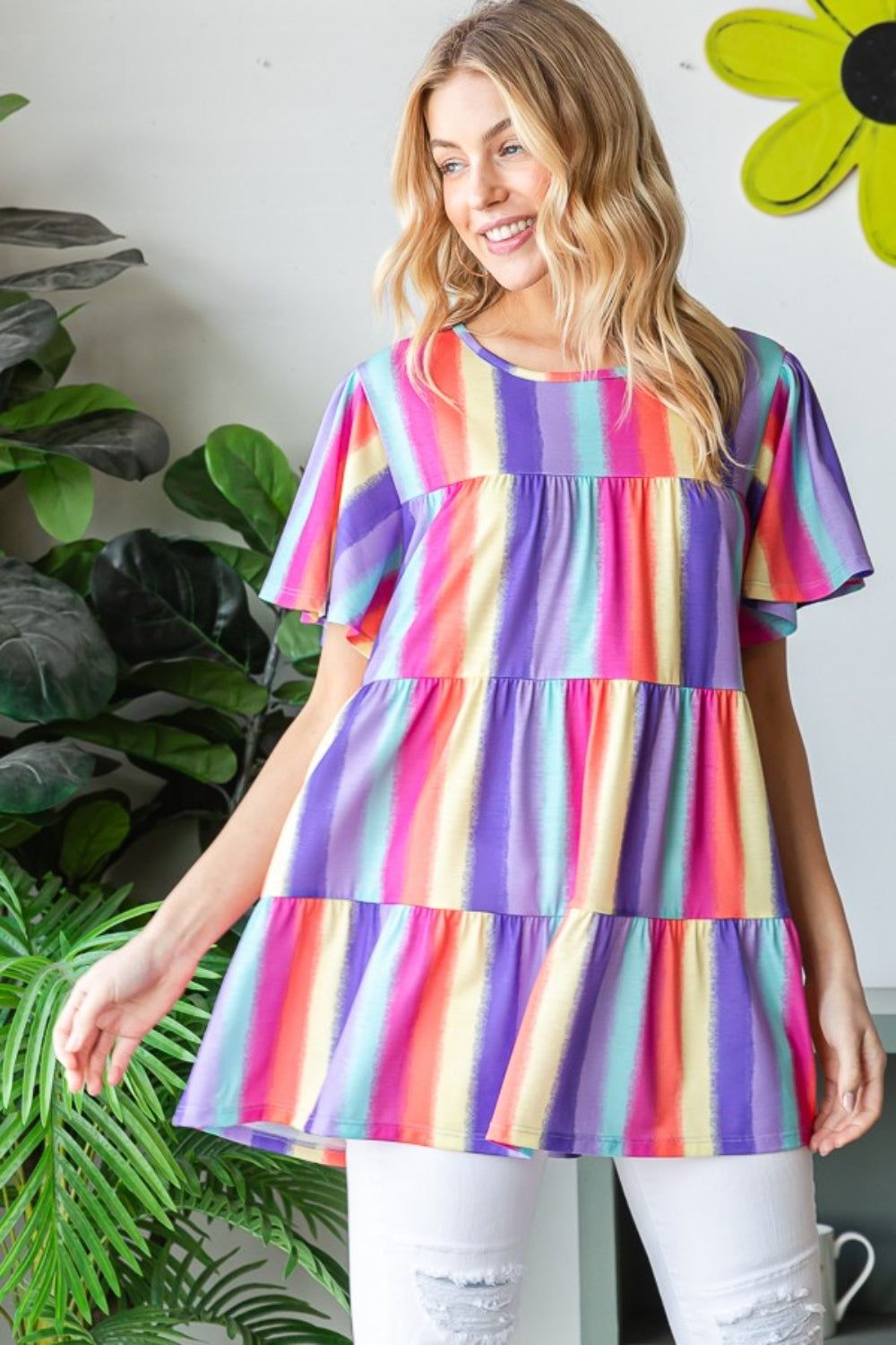 Heimish Full Size Short Sleeve Striped Tiered Top - Charming Charlie