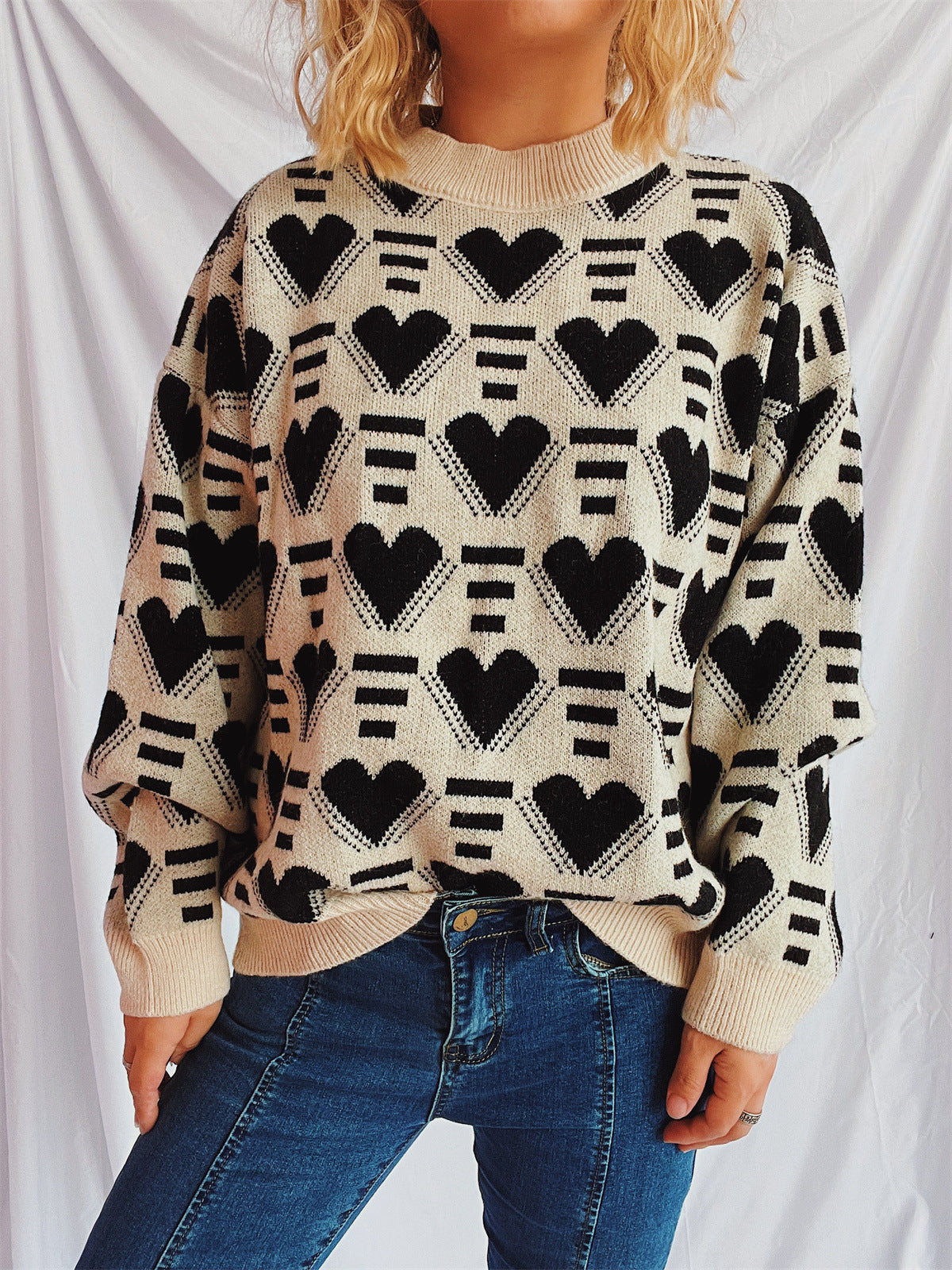 Heart Contrast Long Sleeve Dropped Shoulder Sweater - Charming Charlie