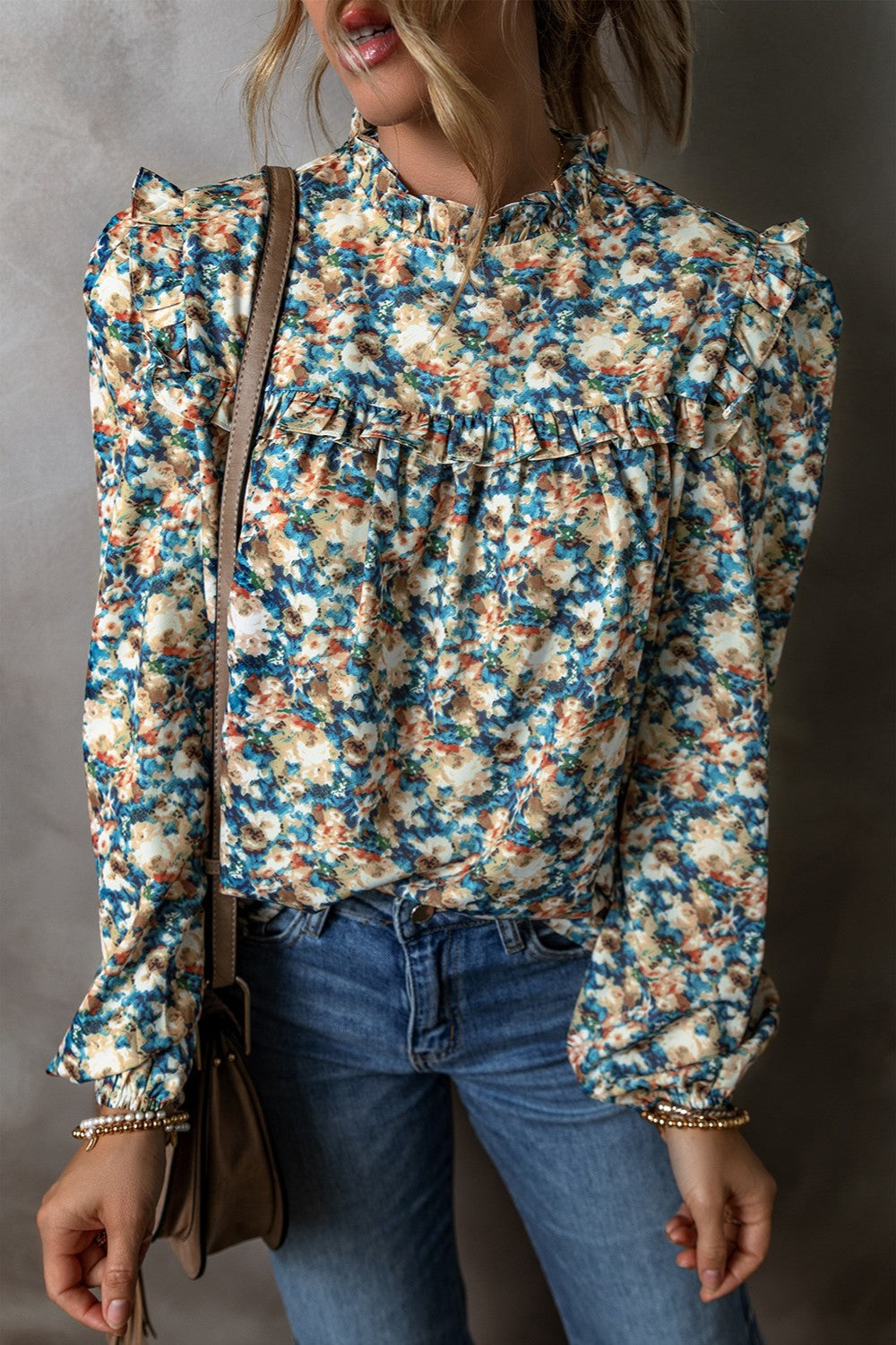Frill Printed Mock Neck Long Sleeve Blouse - Charming Charlie