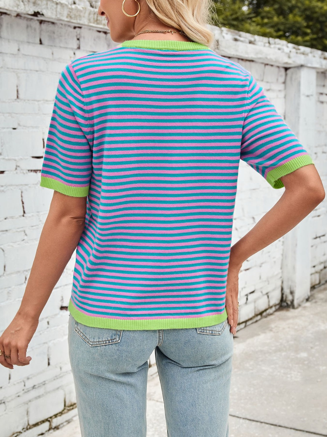 Lovelet Striped Contrast Round Neck Half Sleeve Knit Top - Charming Charlie
