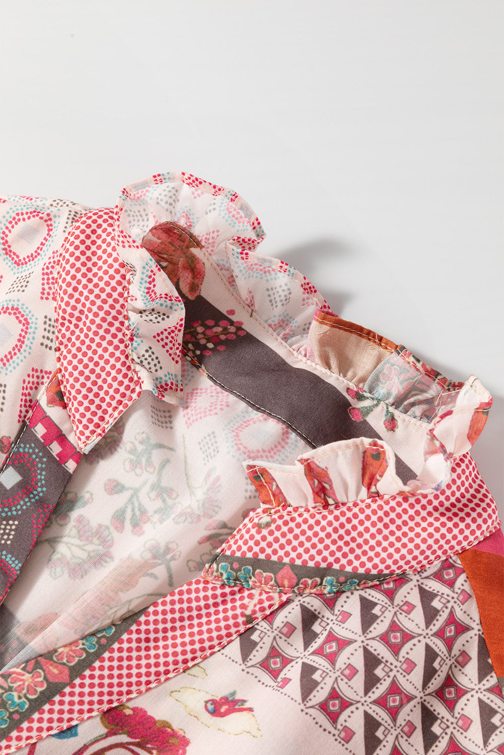 Patchwork Printed Notched Flounce Sleeve Shirt - Charming Charlie
