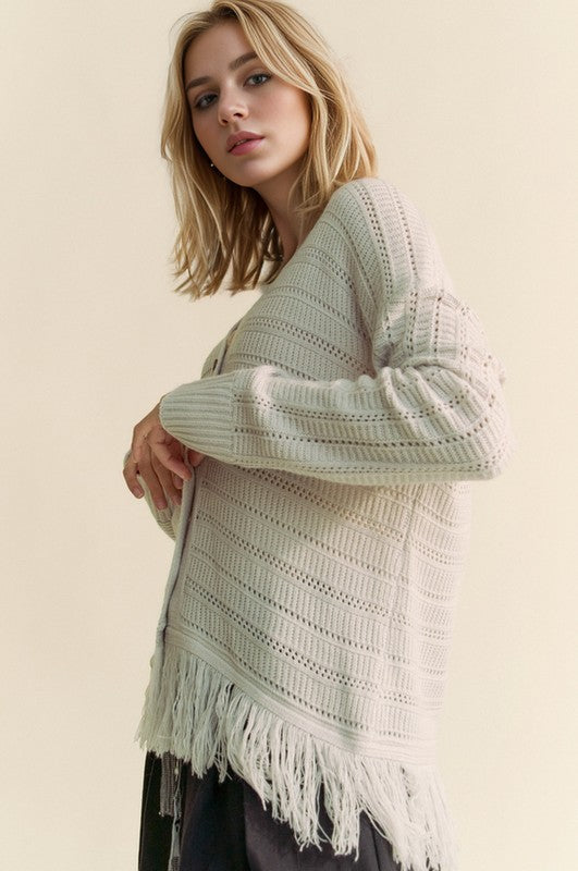 Davi & Dani Fringe V-Neck Button Up Long Sleeve Cardigan - Charming Charlie