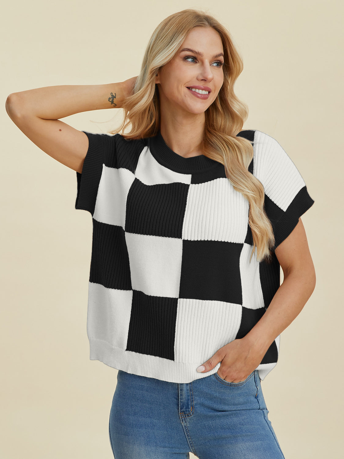 Double Take Full Size Checkered Round Neck Short Sleeve Sweater - Charming Charlie
