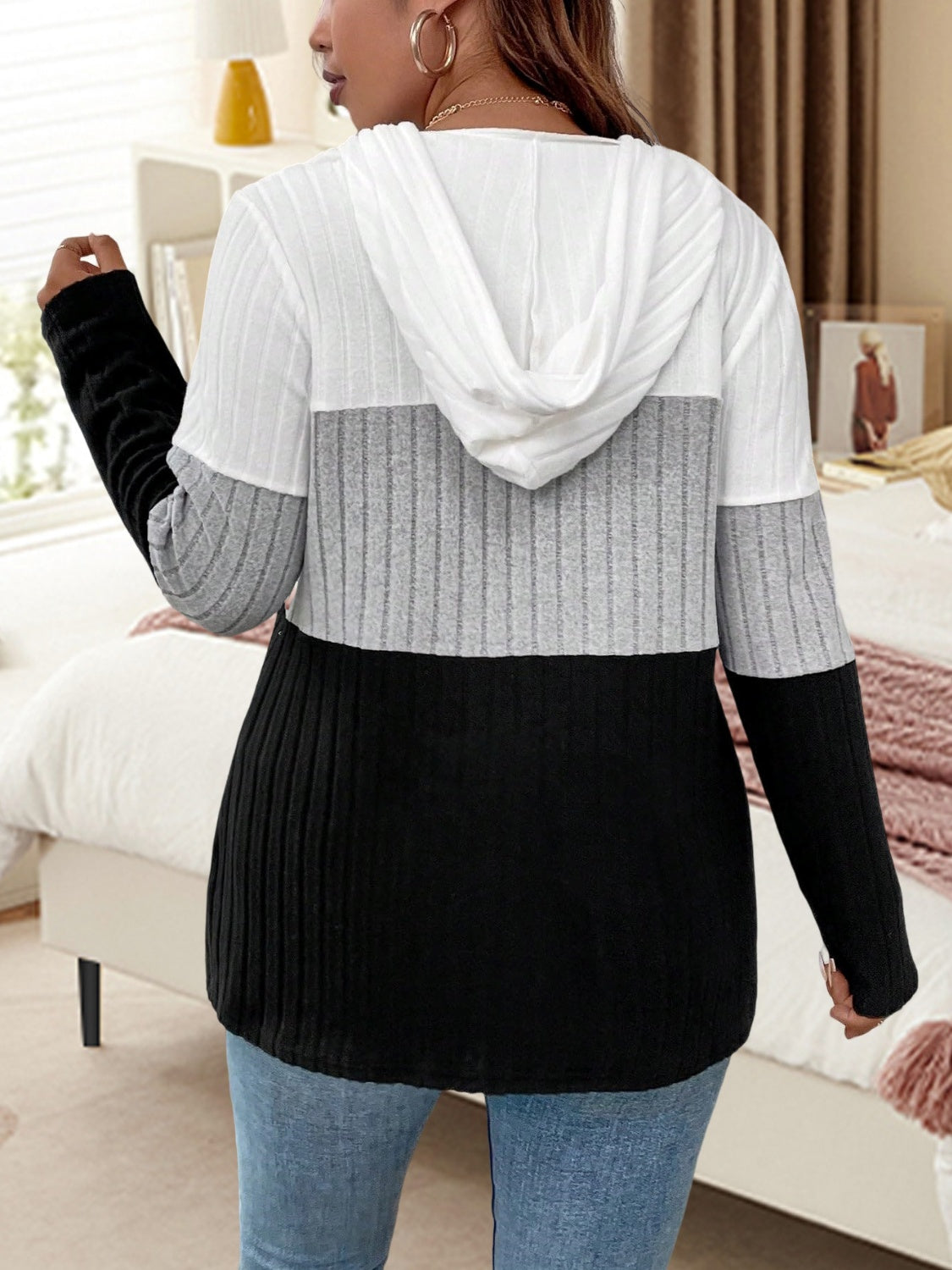 Plus Size Drawstring Color Block Long Sleeve Hooded Top - Charming Charlie