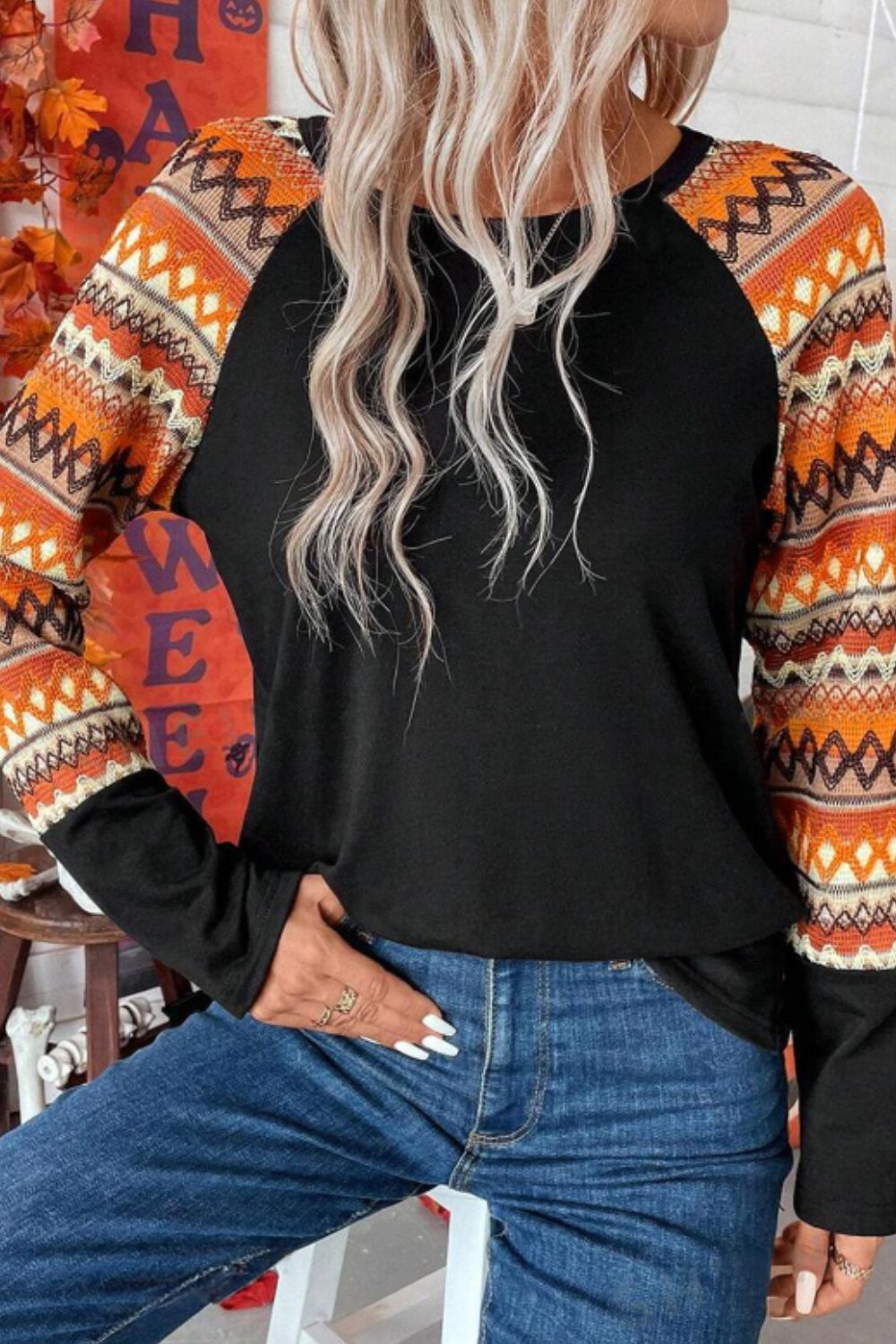Printed Round Neck Raglan Sleeve Blouse - Charming Charlie