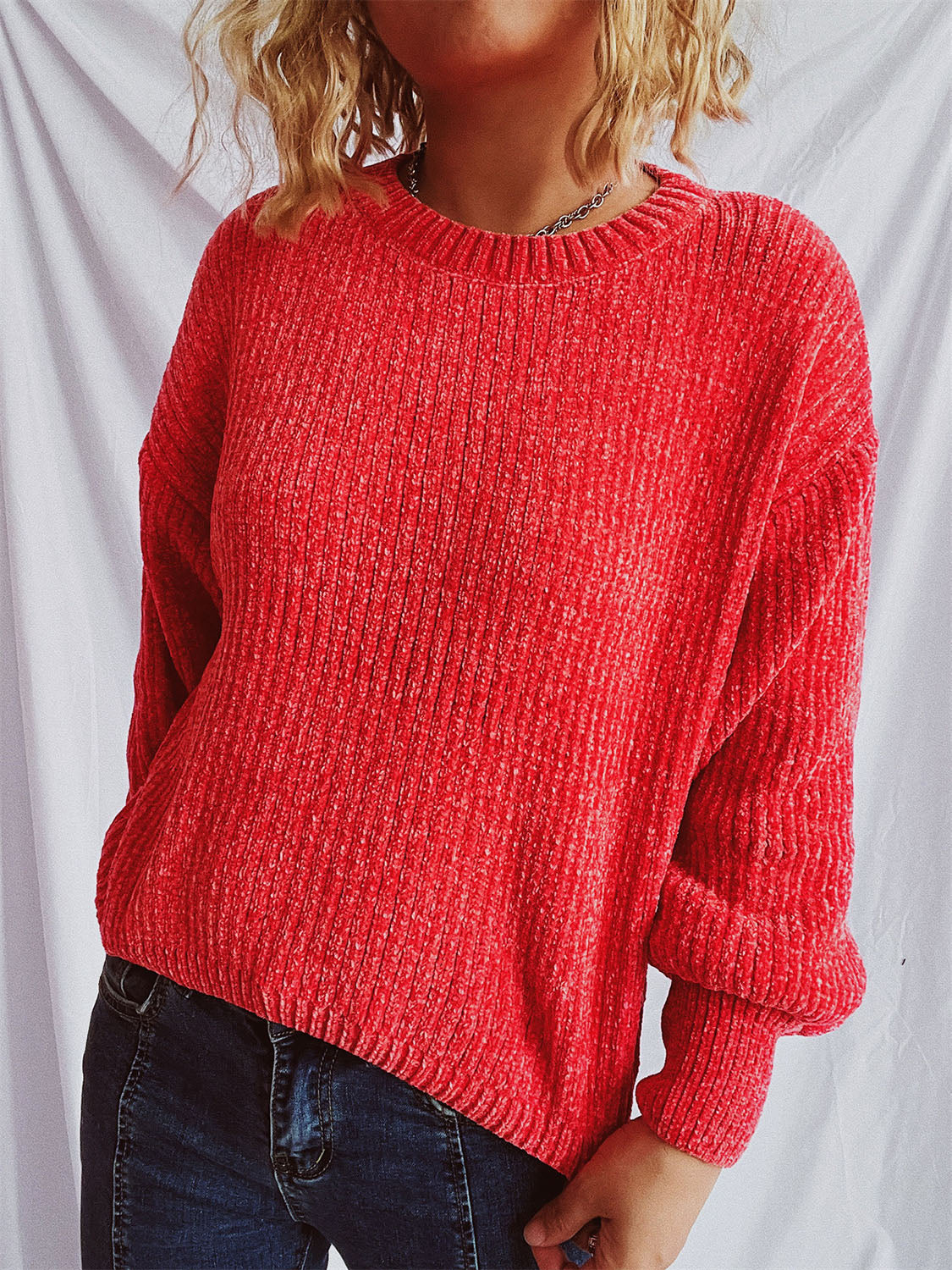 Round Neck Dropped Shoulder Long Sleeve Sweater - Charming Charlie