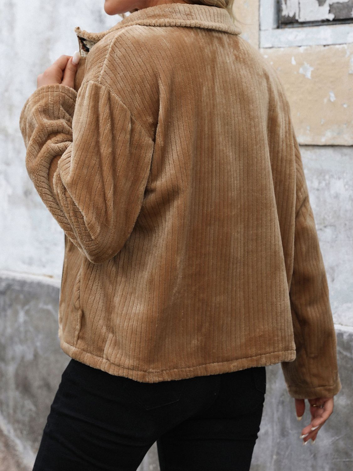 Perfee Pocketed Zip Up Collared Neck Long Sleeve Jacket - Charming Charlie