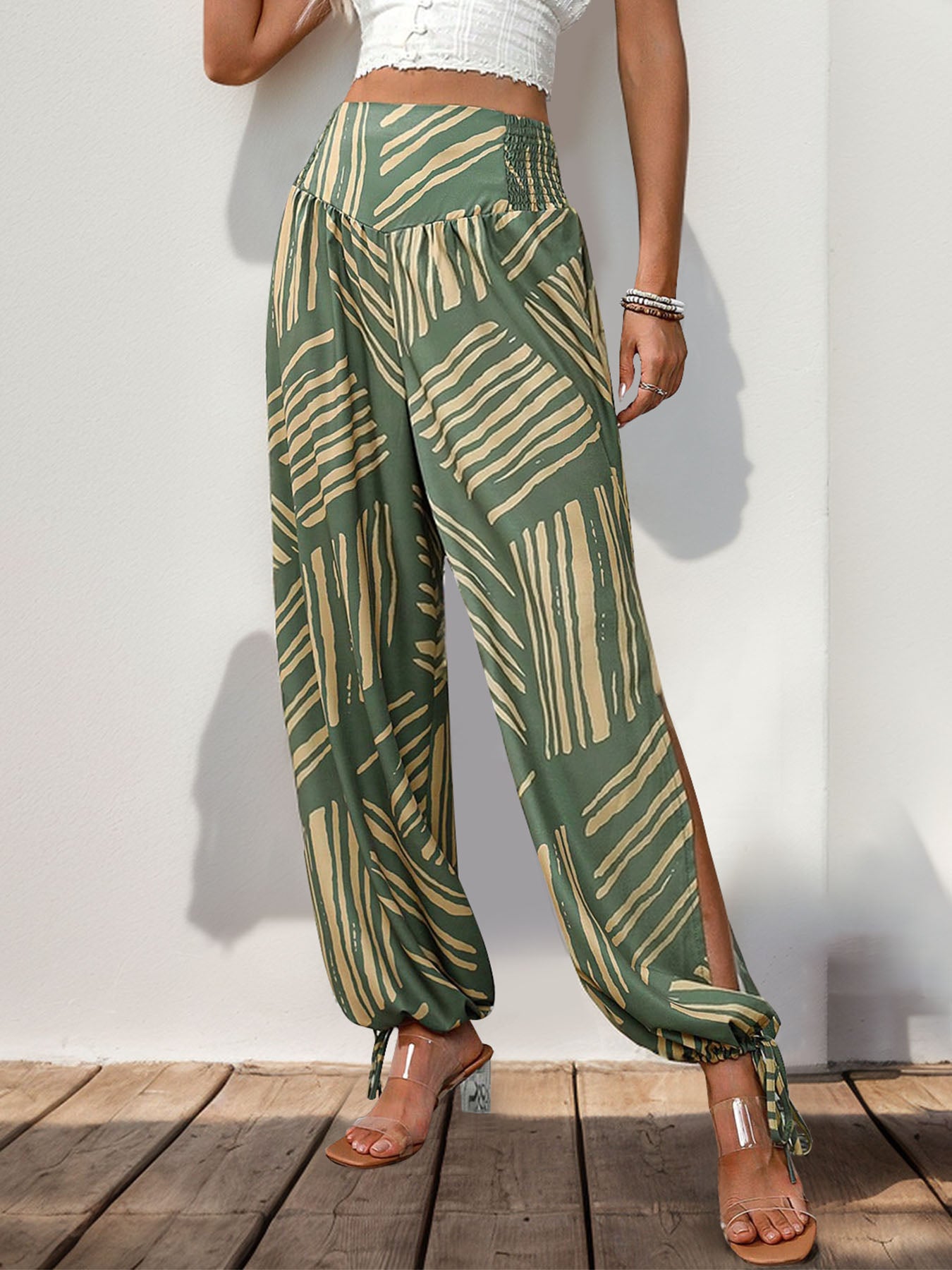 Smocked Slit Printed High Waist Pants - Charming Charlie