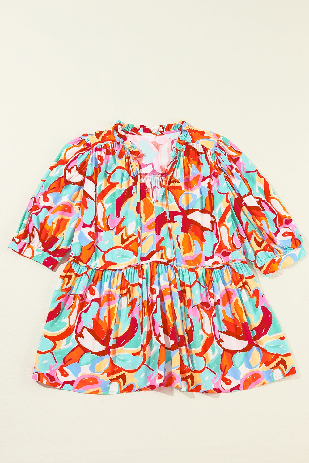 Printed Tie Neck Half Sleeve Blouse - Charming Charlie