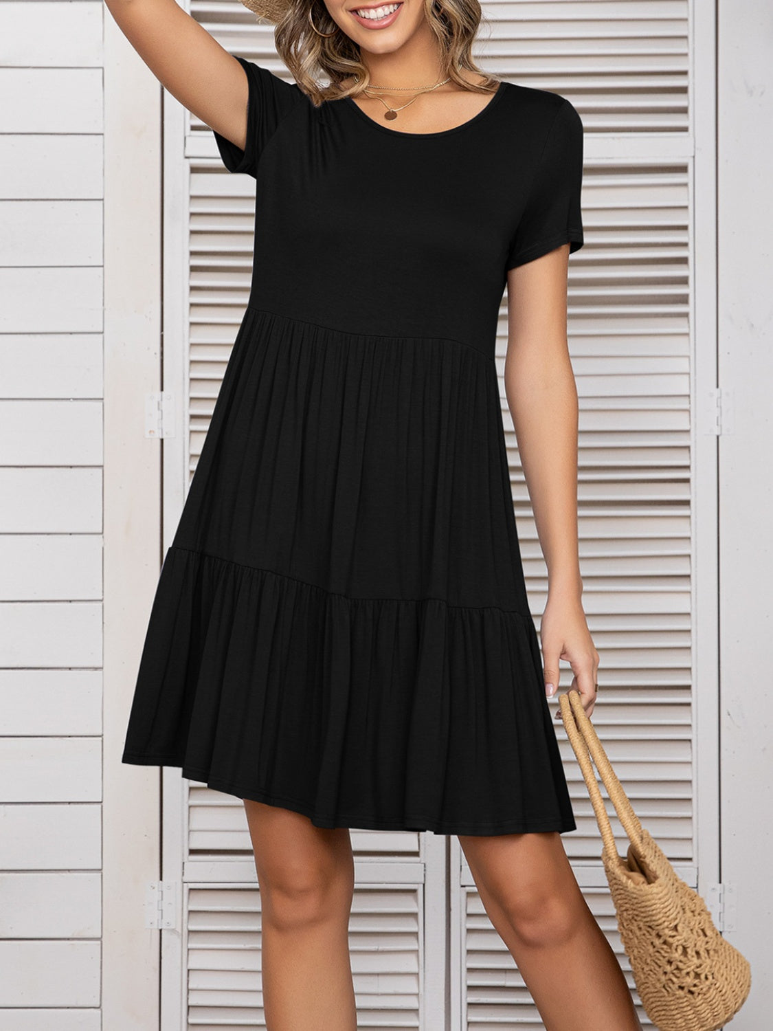 Round Neck Short Sleeve Mini Tee Dress - Charming Charlie