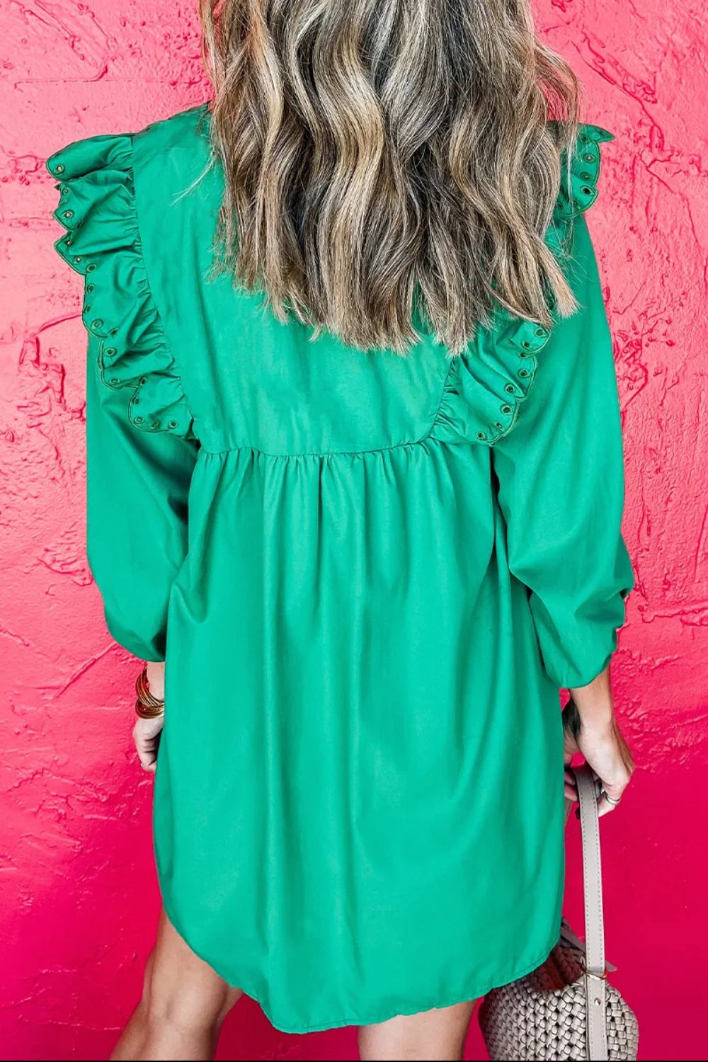 Embroidered Ruffled Notched Three-Quarter Sleeve Dress - Charming Charlie