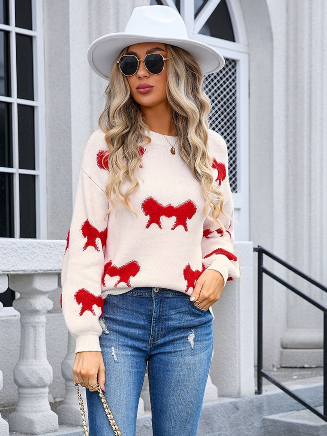 Bow Round Neck Dropped Shoulder Sweater - Charming Charlie