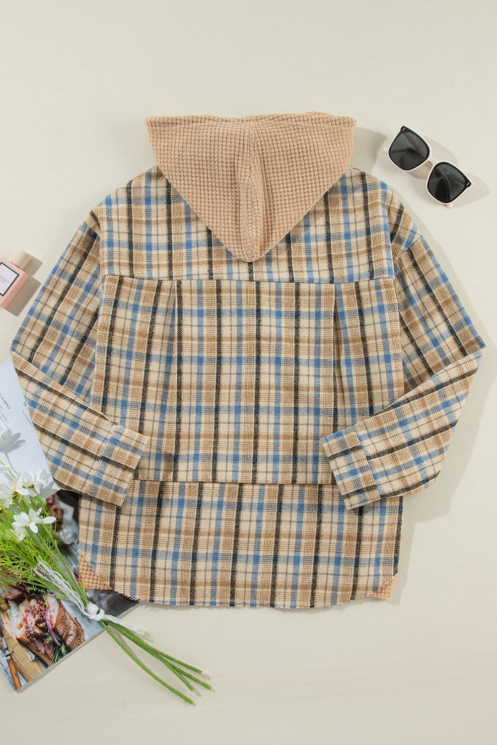 Drawstring Waffle Knit Patchwork Hooded Plaid Shacket - Charming Charlie