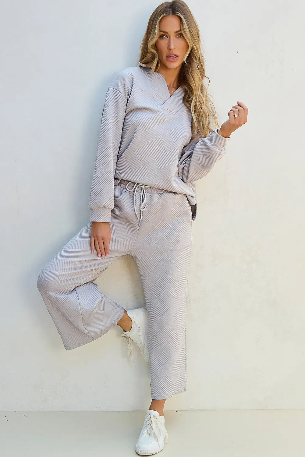 Textured Long Sleeve Top and Drawstring Pants Set - Charming Charlie