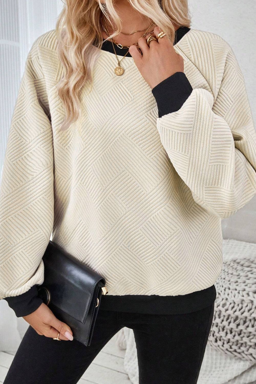 Texture Contrast Long Sleeve Sweatshirt - Charming Charlie